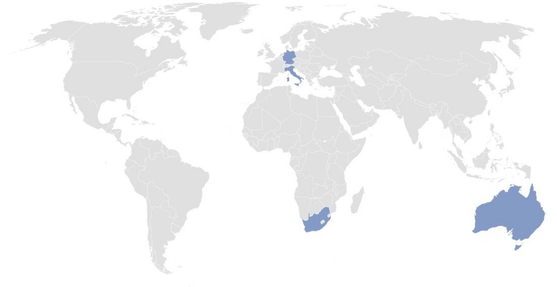 a grey map of the world with australia germany italy switzerland and south africa painted blue